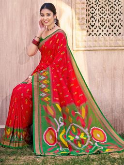Anaita - Red Ikat Printed Silk Saree with Unstitched Blouse