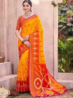 Anaita - Yellow Ikat Printed Silk Saree with Unstitched Blouse