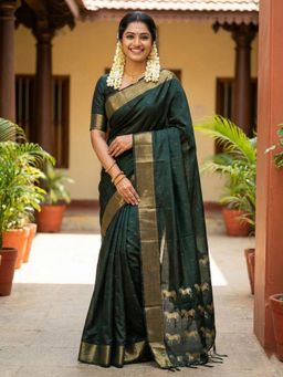 Anaita - Dark Green Woven Handloom Silk Saree with Unstitched Blouse