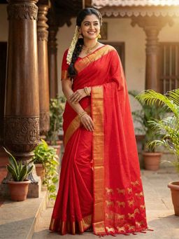 Anaita - Red Woven Handloom Silk Saree with Unstitched Blouse