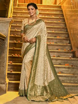 Anaita - Off White Floral Woven Banarasi Saree with Unstitched Blouse