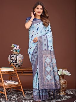 Anaita - Blue Ikat Printed Banarasi Silk Saree with Unstitched Blouse