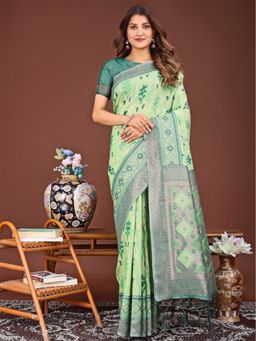 Anaita - Green Ikat Printed Banarasi Silk Saree with Unstitched Blouse