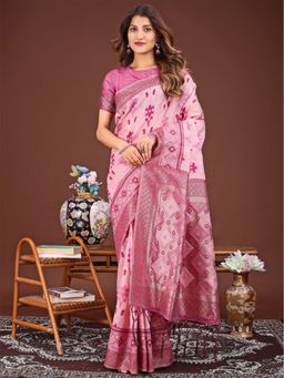 Anaita - Pink Ikat Printed Banarasi Silk Saree with Unstitched Blouse