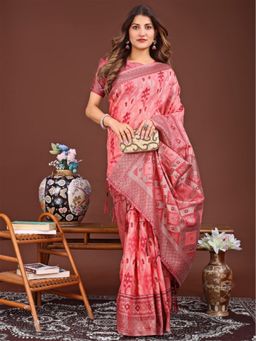 Anaita - Peach Ikat Printed Banarasi Silk Saree with Unstitched Blouse