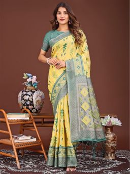 Anaita - Yellow Ikat Printed Banarasi Silk Saree with Unstitched Blouse