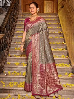 Anaita - Sea Green Floral Woven Banarasi Saree with Unstitched Blouse