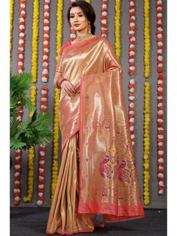 Anaita - Orange Floral Woven Pure Silk Banarasi Saree with Unstitched Blouse