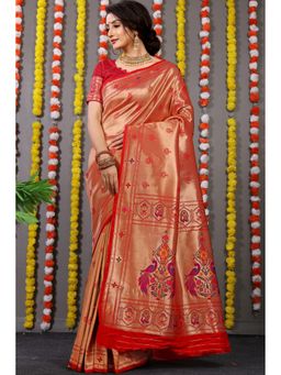 Anaita - Red Floral Woven Pure Silk Banarasi Saree with Unstitched Blouse