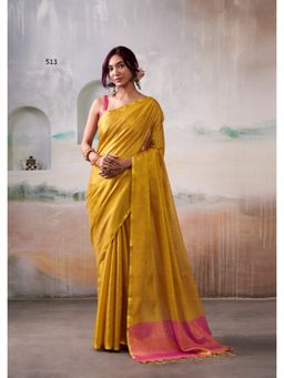 Anaita - Yellow Handloom Tissue Silk Self Woven Plain Saree with Unstitched Blouse