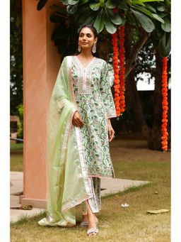 CHHAAP TILAK - Mint Green Floral Festive Gota Hand Block Cotton Kurta with Pant and Dupatta