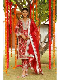 CHHAAP TILAK - Regal Red Festive Gota Hand Block Cotton Kurta with Pant and Dupatta