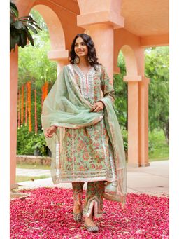 CHHAAP TILAK - Sage Green Royal Festive Gota Hand Block Cotton Kurta with Pant and Dupatta