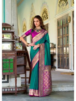Anaita - Teal Soft Silk Zari Weaving Saree with Unstitched Blouse