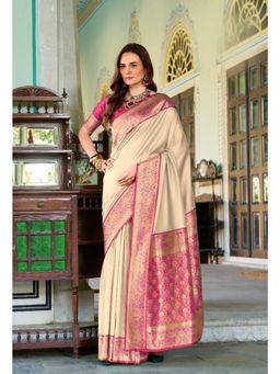 Anaita - Beige Soft Silk Zari Weaving Saree with Unstitched Blouse