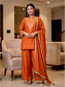 Ekta Textiles - Orange Vichitra Silk Embroidered Kurti with Palazzo and Dupatta