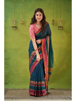 RAAG VARNAM - Teal Narayanpet Cotton Saree with Unstitched Blouse