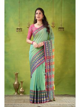 RAAG VARNAM - Green Narayanpet Cotton Saree with Unstitched Blouse