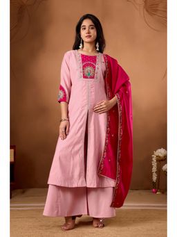 Ekta Textiles - Pink Royal Roman Silk Heavy Embroidered Kurta with Palazzo and Dupatta