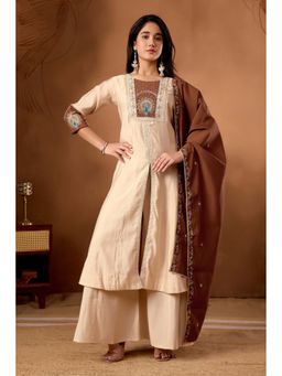 Ekta Textiles - Cream Royal Roman Silk Heavy Embroidered Kurta with Palazzo and Dupatta