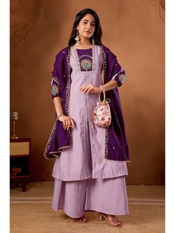 Ekta Textiles - Lavender Royal Roman Silk Heavy Embroidered Kurta with Palazzo and Dupatta