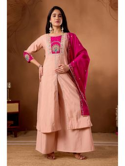 Ekta Textiles - Peach Royal Roman Silk Heavy Embroidered Kurta with Palazzo and Dupatta