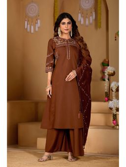 Ekta Textiles - Brown Viscose Mango Silk Embroidered Kurta with Palazzo and Dupatta