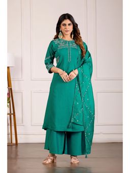Ekta Textiles - Turquoise Viscose Mango Silk Embroidered Kurta with Palazzo and Dupatta
