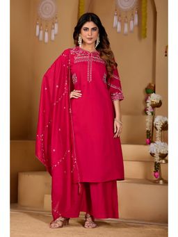 Ekta Textiles - Pink Viscose Mango Silk Embroidered Kurta with Palazzo and Dupatta