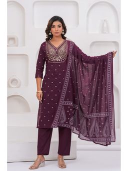 JAIPUR SARAI - Mauve Embroidered Cotton Kurta with Pant and Dupatta