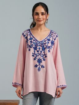 Kashmir Box - Kashmiri Aari Baby Pink Embroidered Viscose Rayon Short Kurti