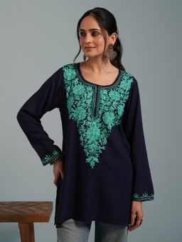 Kashmir Box - Kashmiri Aari Navy Blue Embroidered Viscose Rayon Short Kurti