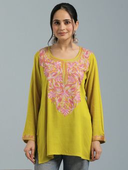 Kashmir Box - Kashmiri Aari Mustard Embroidered Viscose Rayon Short Kurti