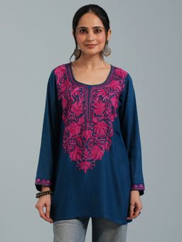 Kashmir Box - Kashmiri Aari Navy Blue Embroidered Viscose Rayon Short Kurti