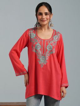 Kashmir Box - Kashmiri Aari Pink Embroidered Viscose Rayon Short Kurti