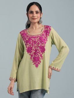 Kashmir Box - Kashmiri Aari Light Green Embroidered Viscose Rayon Short Kurti