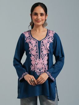 Kashmir Box - Kashmiri Aari Blue Embroidered Viscose Rayon Short Kurti