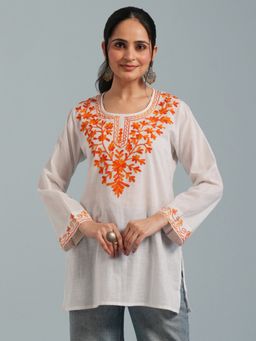 Kashmir Box - Kashmiri Aari White Embroidered Viscose Rayon Short Kurti