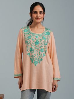 Kashmir Box - Kashmiri Aari Almond Peach Embroidered Viscose Rayon Short Kurti