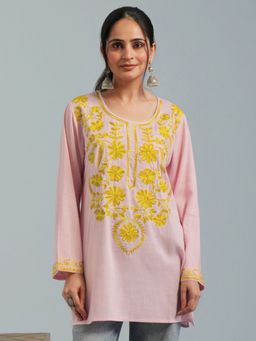 Kashmir Box - Kashmiri Aari Baby Pink Embroidered Viscose Rayon Short Kurti