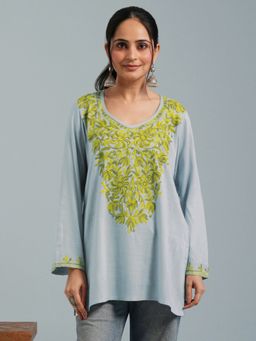 Kashmir Box - Kashmiri Aari Light Blue Embroidered Viscose Rayon Short Kurti