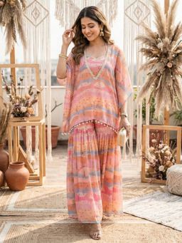 Label Kanupriya - Peach Graphic Landscape Crop Top with Kaftan and Sharara