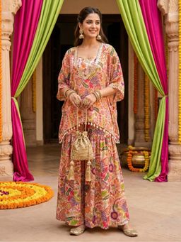 Label Kanupriya - Multicolour Kitschy Printed Crop Top with Sharara and Kaftan