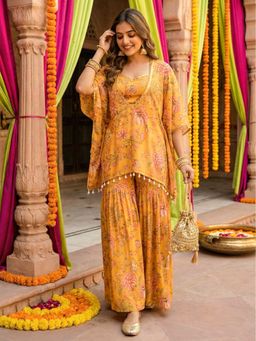Label Kanupriya - Mustard Floral Printed Crop Top with Sharara and Kaftan