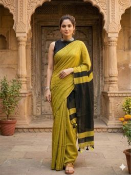 Anjaneya Sarees - Mustard Designer Cotton Silk Kanjivaram Solid Saree with Unstitched Blouse
