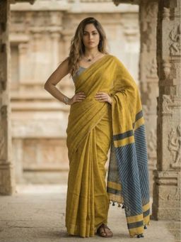 Anjaneya Sarees - Mustard Designer Cotton Silk Kanjivaram Solid Saree with Unstitched Blouse