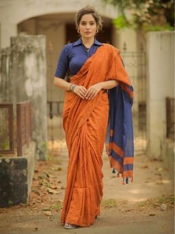 Anjaneya Sarees - Orange Designer Cotton Silk Kanjivaram Solid Saree with Unstitched Blouse