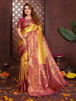 Anaita - Mustard Zari Woven Banarasi Tissue Silk Tassels Saree with Unstitched Blouse