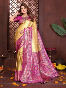 Anaita - Yellow Zari Woven Banarasi Tissue Silk Tassels Saree with Unstitched Blouse