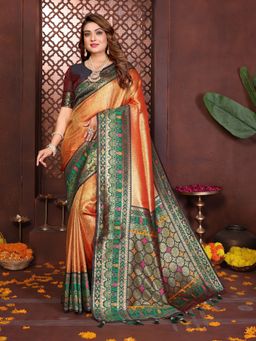 Anaita - Orange Zari Woven Banarasi Tissue Silk Saree with Unstitched Blouse